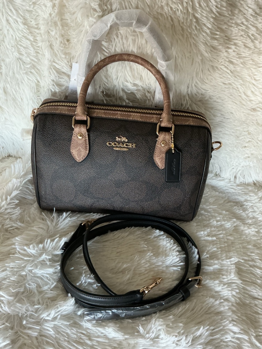 Coach Rowan Satchel in blocked signature canvas in walnut with Gold Accents
